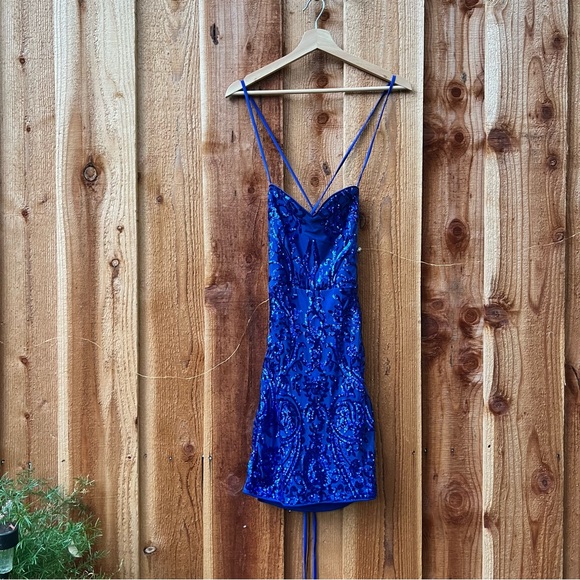 Cobalt Blue Sparkly Sequin Lace-Up Mini Dress 🌿 - Picture 6 of 10